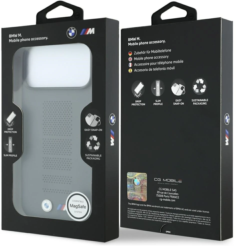 Dėklas BMW M Mėlyna Perfo Metal Logo MagSafe do iPhone 18 Pro / 17 Pro pilka