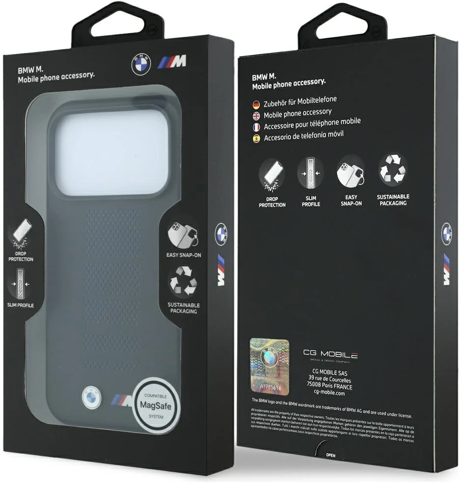 Dėklas BMW M Mėlyna Perfo Metal Logo MagSafe do iPhone 18 Pro / 17 Pro juoda