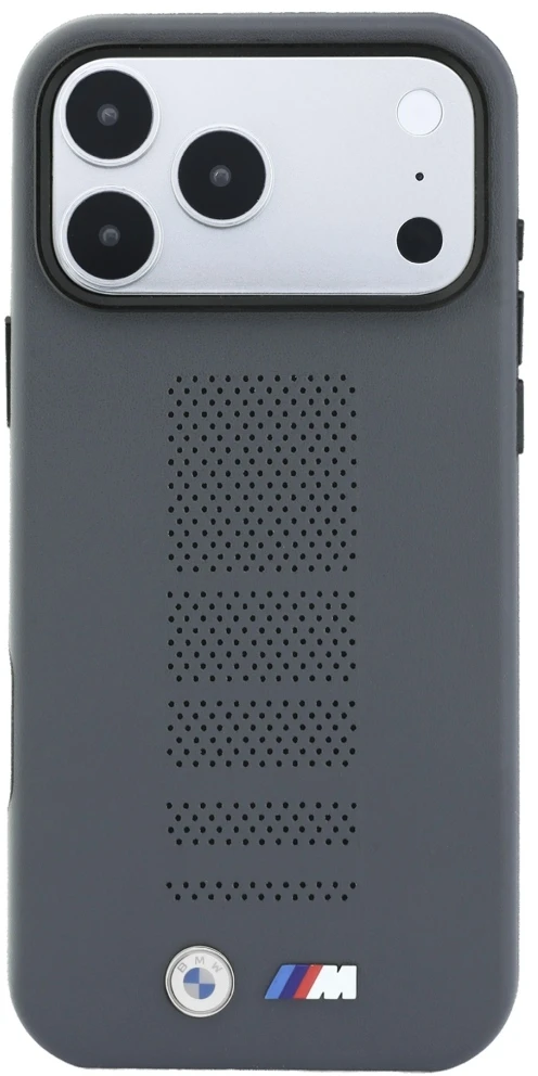 Dėklas BMW M Mėlyna Perfo Metal Logo MagSafe do iPhone 18 Pro / 17 Pro pilka