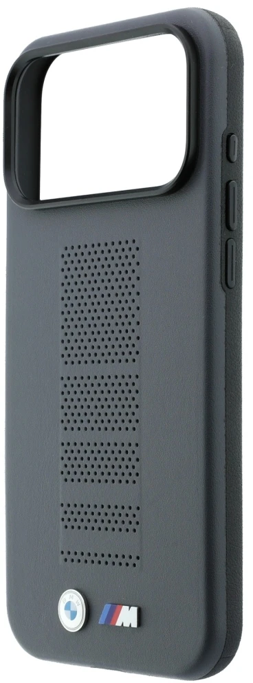 Dėklas BMW M Mėlyna Perfo Metal Logo MagSafe do iPhone 18 Pro / 17 Pro pilka