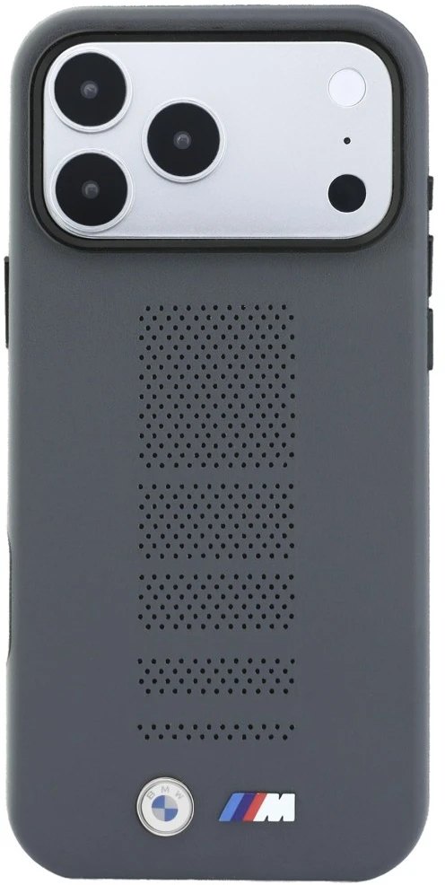 Dėklas BMW M Mėlyna Perfo Metal Logo MagSafe, skirtas iPhone 18 Pro Max / 17 Pro Max, pilkas