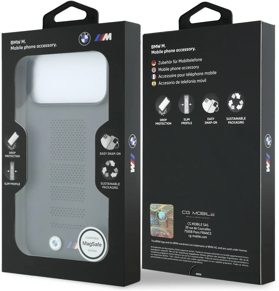 Dėklas BMW M Mėlyna Perfo Metal Logo MagSafe, skirtas iPhone 18 Pro Max / 17 Pro Max, pilkas