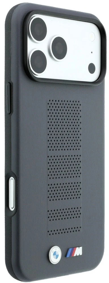 Dėklas BMW M Mėlyna Perfo Metal Logo MagSafe, skirtas iPhone 18 Pro Max / 17 Pro Max, pilkas
