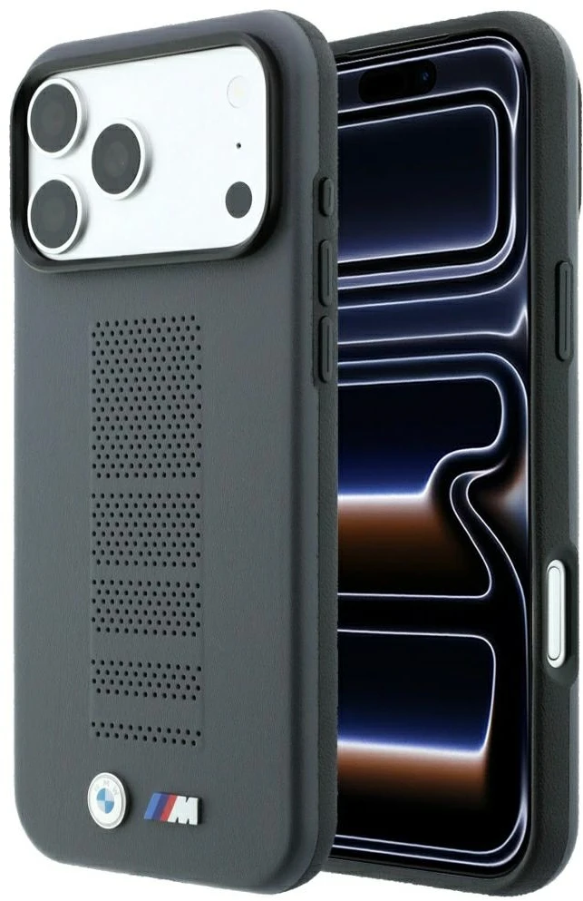 Dėklas BMW M Mėlyna Perfo Metal Logo MagSafe do iPhone 18 Pro / 17 Pro pilka