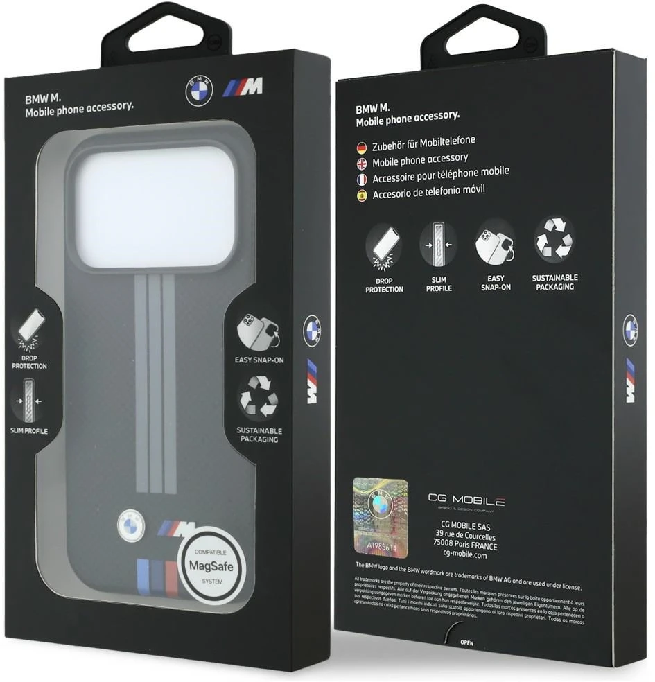 Dėklas BMW M Quadrille Kevlar Anthracite & Tricolor Print Lines MagSafe do iPhone 18 Pro / 17 Pro juoda