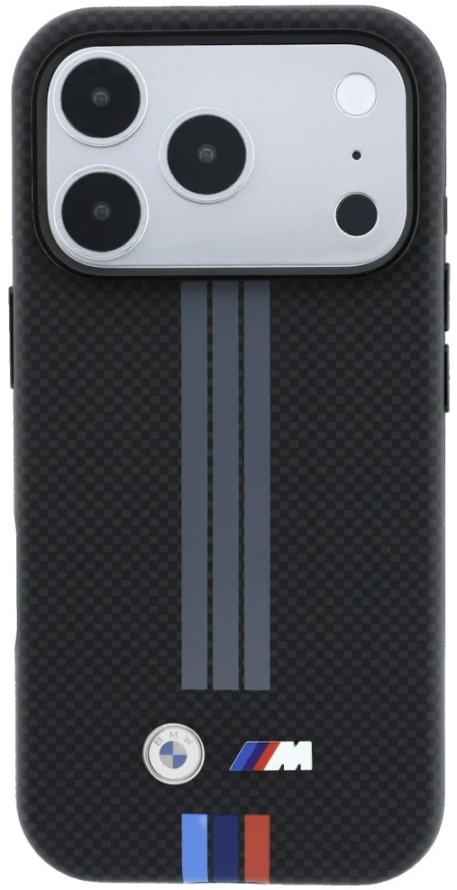 Dėklas BMW M Quadrille Kevlar Anthracite & Tricolor Print Lines MagSafe do iPhone 18 Pro / 17 Pro juoda