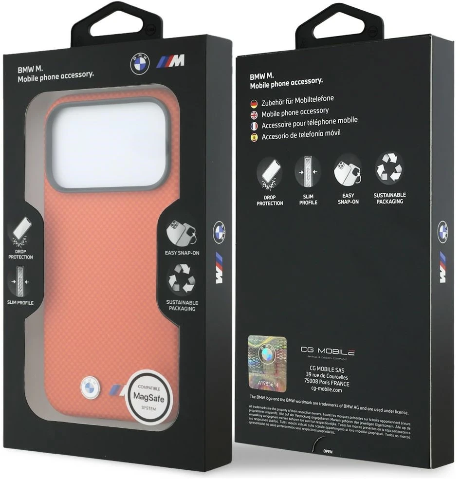 Dėklas BMW M Quadrille Kevlar Metal Logo MagSafe do iPhone 18 Pro / 17 Pro oranžinė