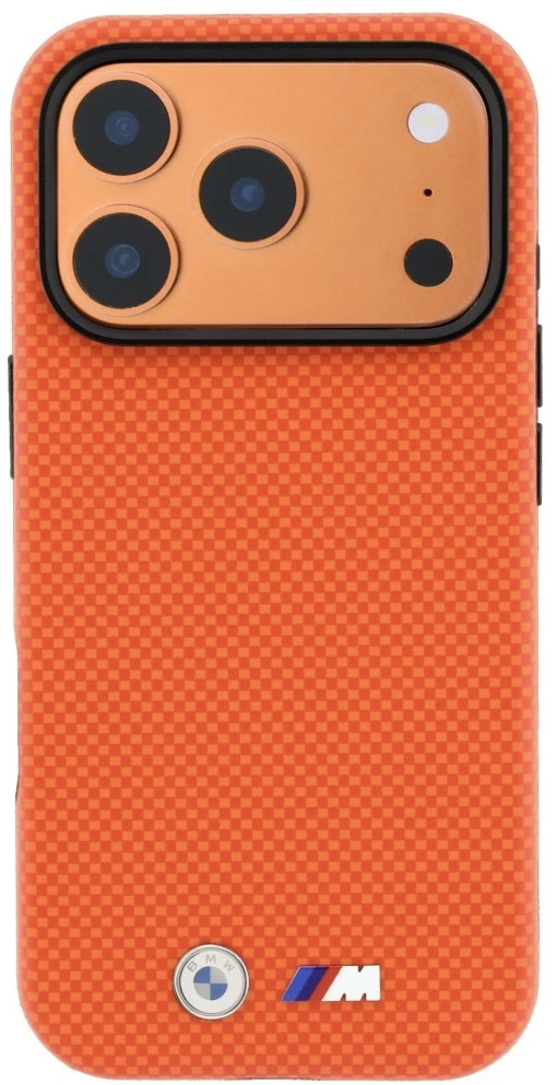Dėklas BMW M Quadrille Kevlar Metal Logo MagSafe do iPhone 18 Pro / 17 Pro oranžinė