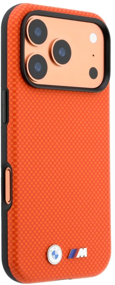 Dėklas BMW M Quadrille Kevlar Metal Logo MagSafe do iPhone 18 Pro / 17 Pro oranžinė