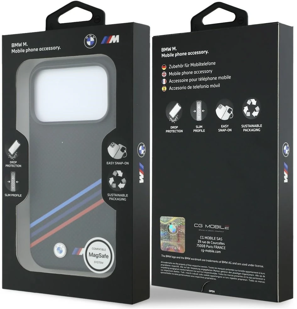 BMW M Quadrille dėklas su Kevlar raštu, tricolor linijomis ir metaliniu logotipu, MagSafe, skirtas iPhone 18 Pro / 17 Pro