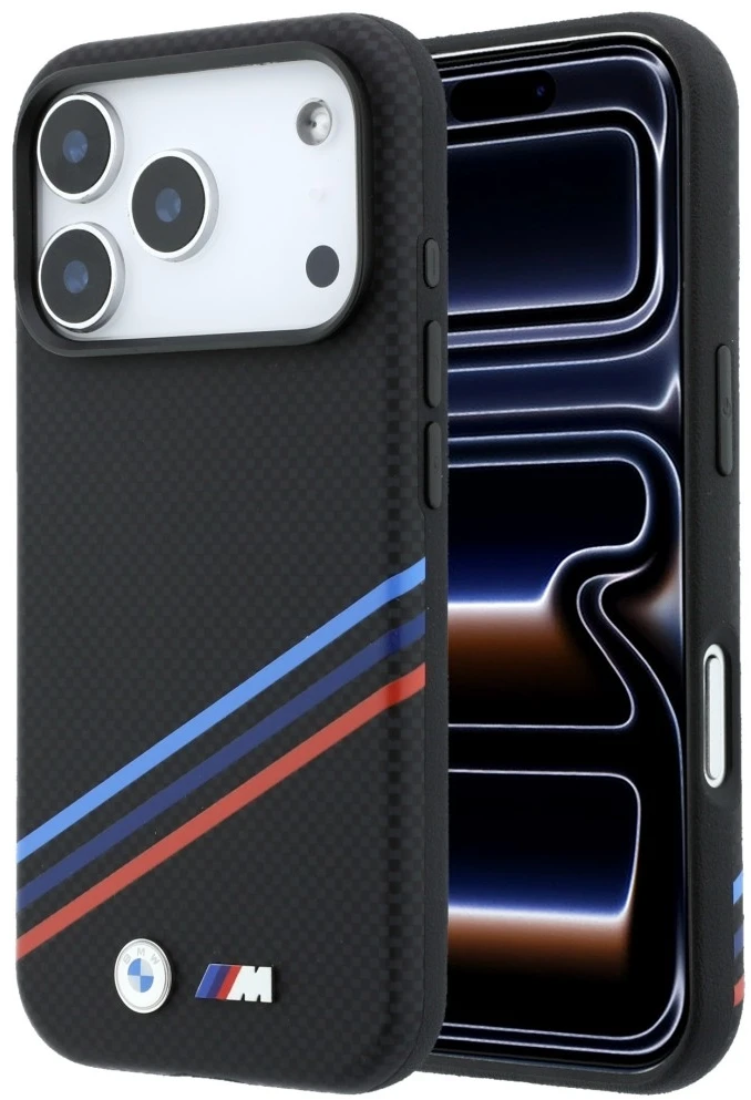 BMW M Quadrille dėklas su Kevlar raštu, tricolor linijomis ir metaliniu logotipu, MagSafe, skirtas iPhone 18 Pro / 17 Pro
