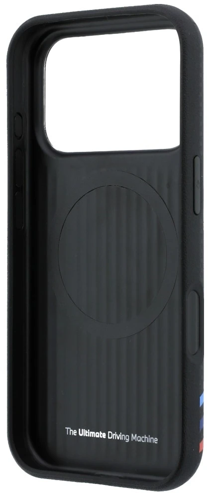 Dėklas BMW M Quadrille Kevlar Print Tricolor Lines & Metal Logo MagSafe do iPhone 18 Pro Max / 17 Pro Max juoda