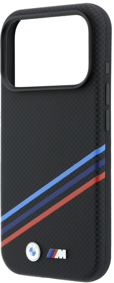 Dėklas BMW M Quadrille Kevlar Print Tricolor Lines & Metal Logo MagSafe do iPhone 18 Pro Max / 17 Pro Max juoda