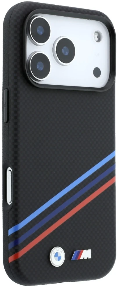 BMW M Quadrille dėklas su Kevlar raštu, tricolor linijomis ir metaliniu logotipu, MagSafe, skirtas iPhone 18 Pro / 17 Pro