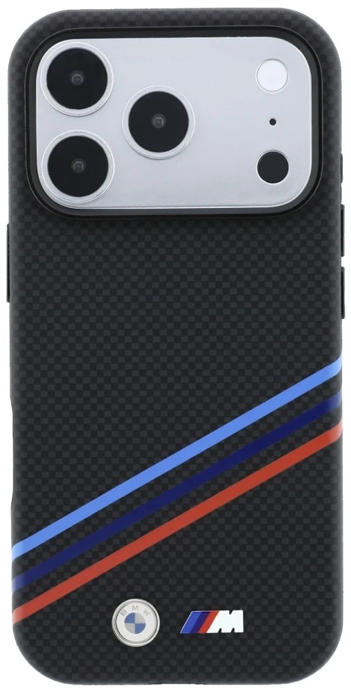 BMW M Quadrille dėklas su Kevlar raštu, tricolor linijomis ir metaliniu logotipu, MagSafe, skirtas iPhone 18 Pro / 17 Pro