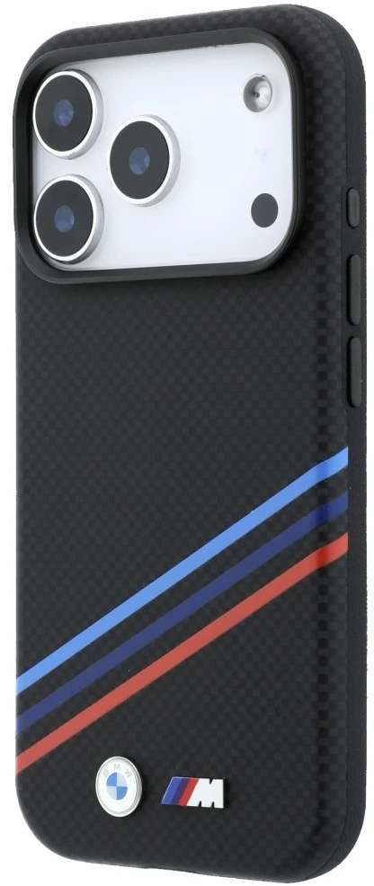 Dėklas BMW M Quadrille Kevlar Print Tricolor Lines & Metal Logo MagSafe do iPhone 18 Pro Max / 17 Pro Max juoda