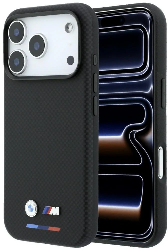 Dėklas BMW M Quadrille Kevlar Tricolor & Metal Logo MagSafe do iPhone 18 Pro Max / 17 Pro Max juoda