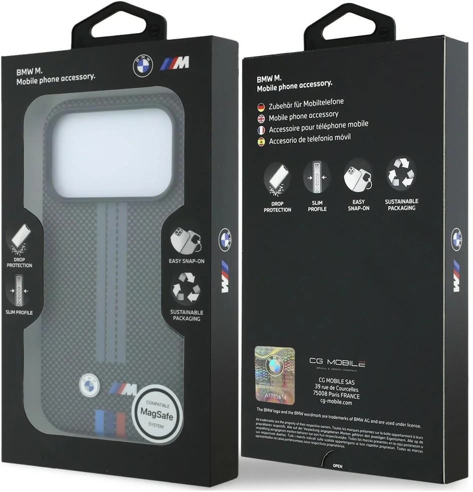 Dėklas BMW M Quadrille Kevlar Tricolor Print Lines MagSafe do iPhone 18 Pro / 17 Pro antracytowy