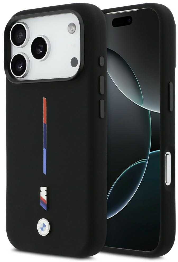 BMW M Silicon Tricolor Line MagSafe Dėklas skirtas Apple iPhone 17 Pro juodos spalvos