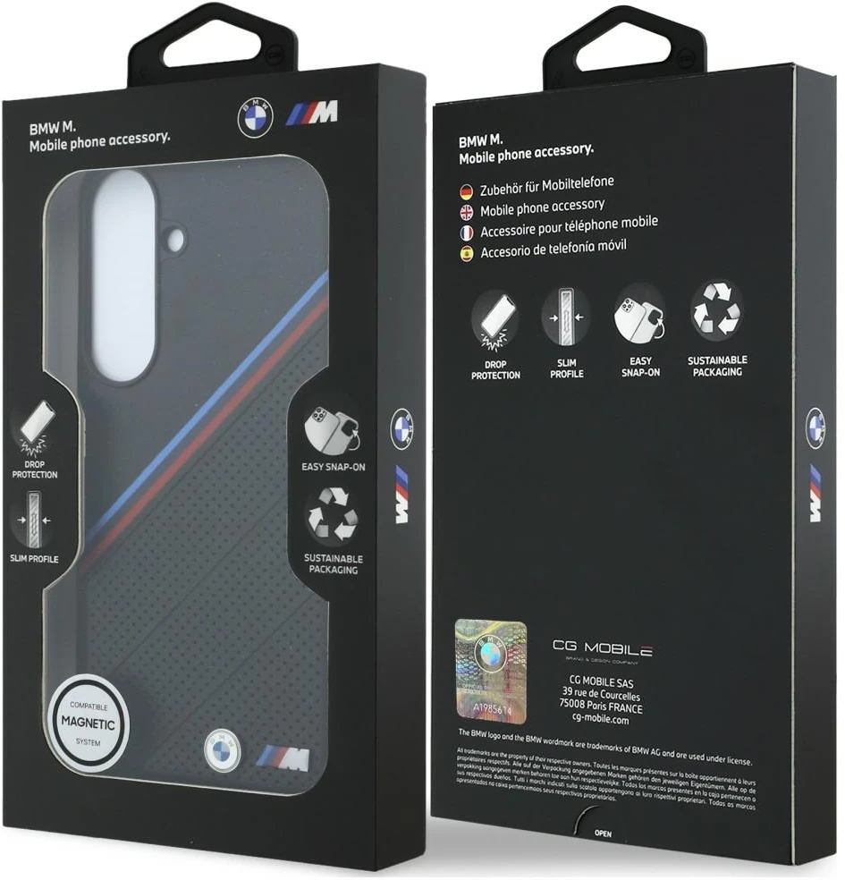 Dėklas BMW M Tricolor Metal Logo MagSafe skirtas Samsung Galaxy S26 FE juodas
