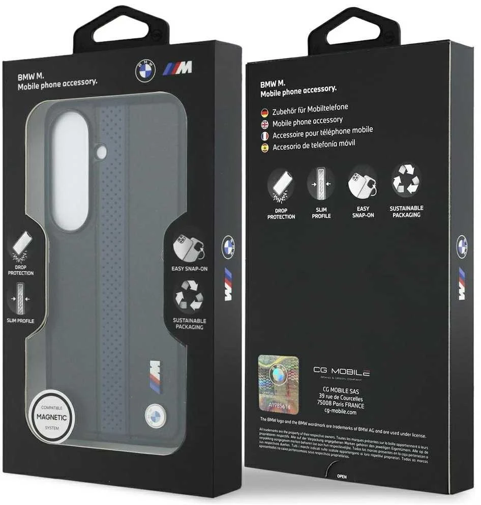 BMW M PU Leather Perforated Stripes and Metal Logo Magnetic dėklas skirtas Samsung Galaxy S26 mėlynos spalvos