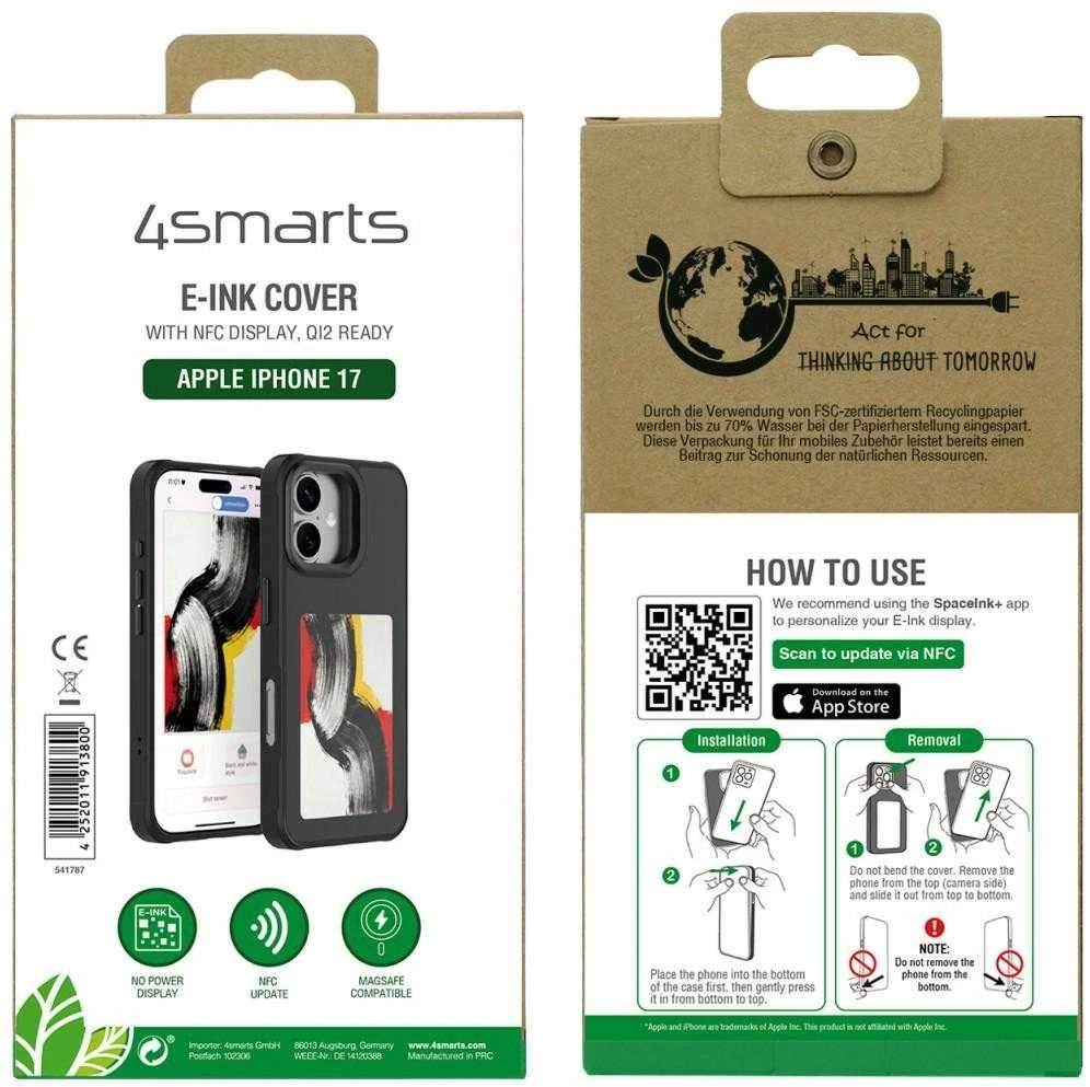 „4smarts E-Ink“ dėklas su NFC Qi2 ekranu, skirtas „iPhone 17“, juodas
