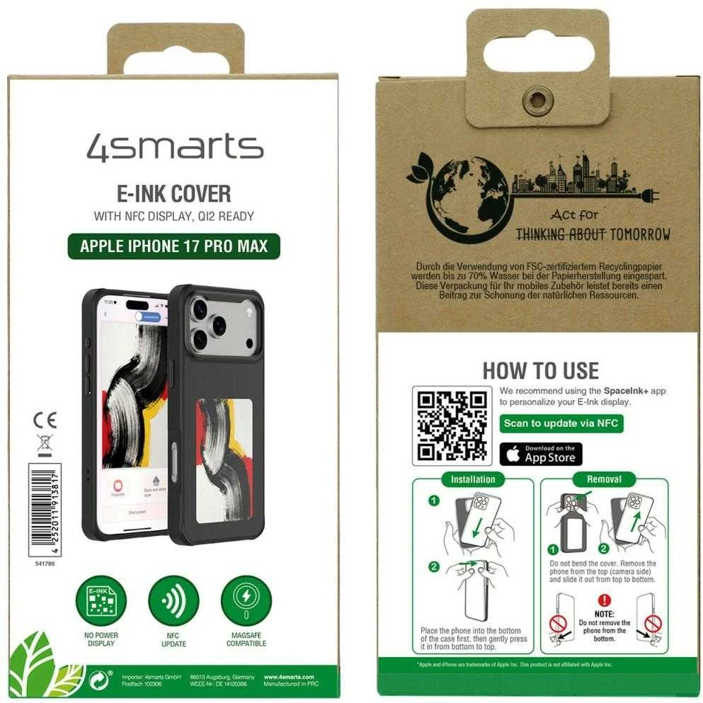 „4smarts E-Ink“ dėklas su NFC Qi2 ekranu, skirtas „iPhone 17 Pro Max“, juodas