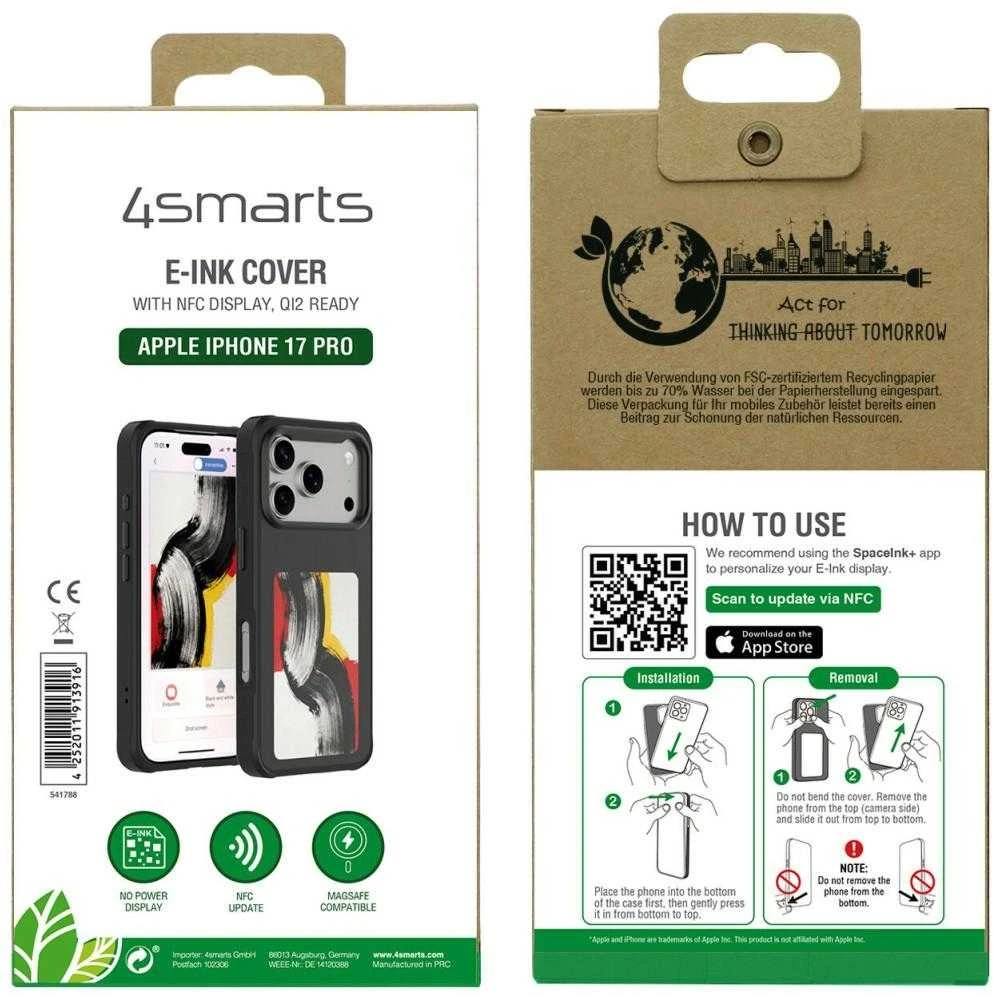 „4smarts E-Ink“ dėklas su NFC Qi2 ekranu, skirtas „iPhone 17 Pro“, juodas