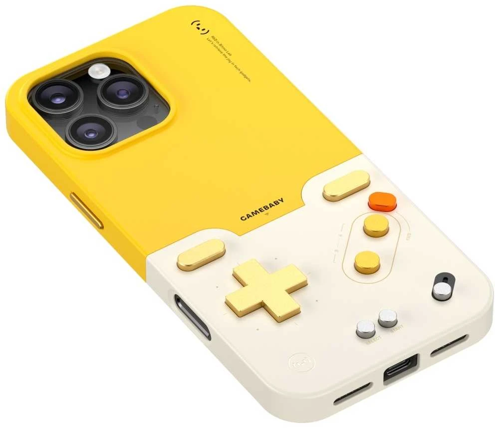 Geltonas iPhone 16 Pro Max dėklas su retro valdikliu