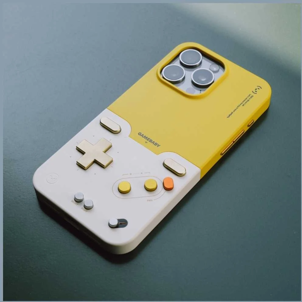 GAMEBABY dėklas su valdikliu, skirtas iPhone 16 Pro Max, geltonas