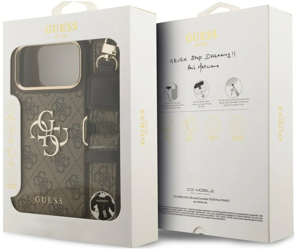 Dėklas Guess 4G Big 4G Classic Logo Big Strap Metal Mygtukai do iPhone 18 Pro Max / 17 Pro Max ruda
