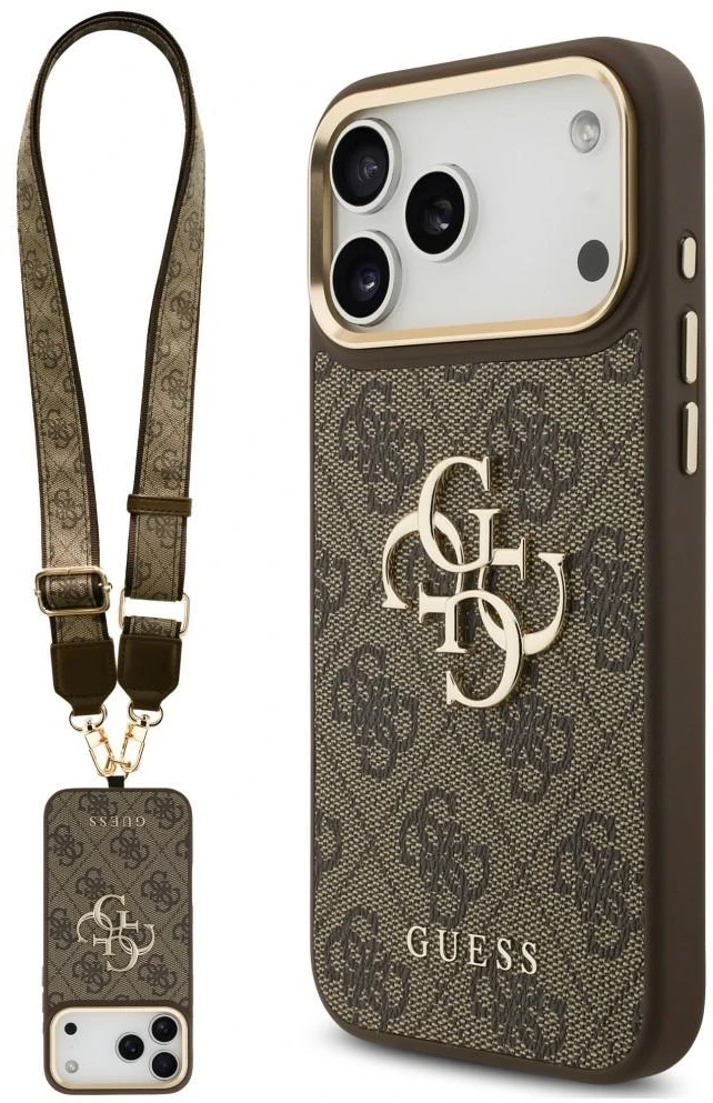 Dėklas Guess 4G Big 4G Classic Logo Big Strap Metal Mygtukai do iPhone 18 Pro Max / 17 Pro Max ruda