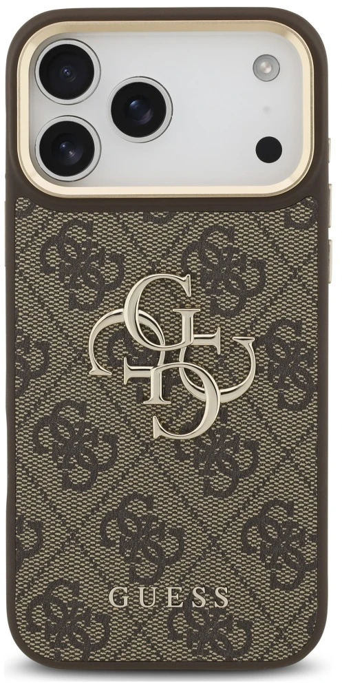 Dėklas Guess 4G Big 4G Classic Logo Big su dirželiu ir metalinėmis sagomis, skirtas iPhone 18 Pro / 17 Pro, rudas