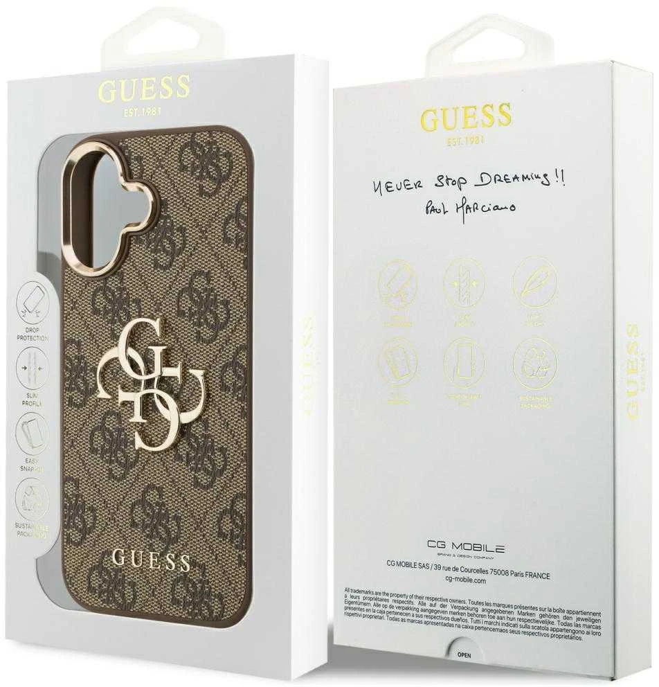 Guess PU Leather 4G Metal Logo Gold Frame dėklas skirtas Apple iPhone 17 rudos spalvos