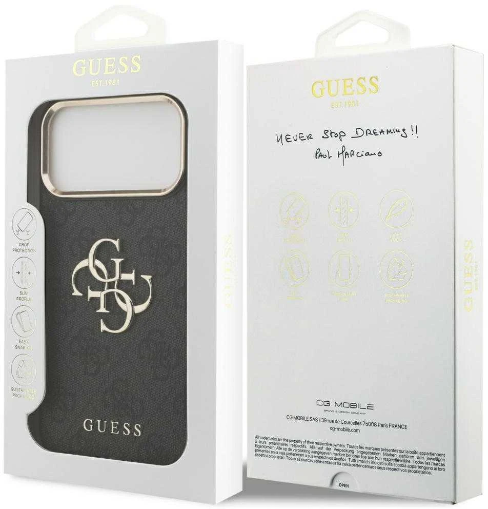 Guess PU Leather 4G Metal Logo Gold Frame dėklas skirtas Apple iPhone 17 Pro Max juodos spalvos