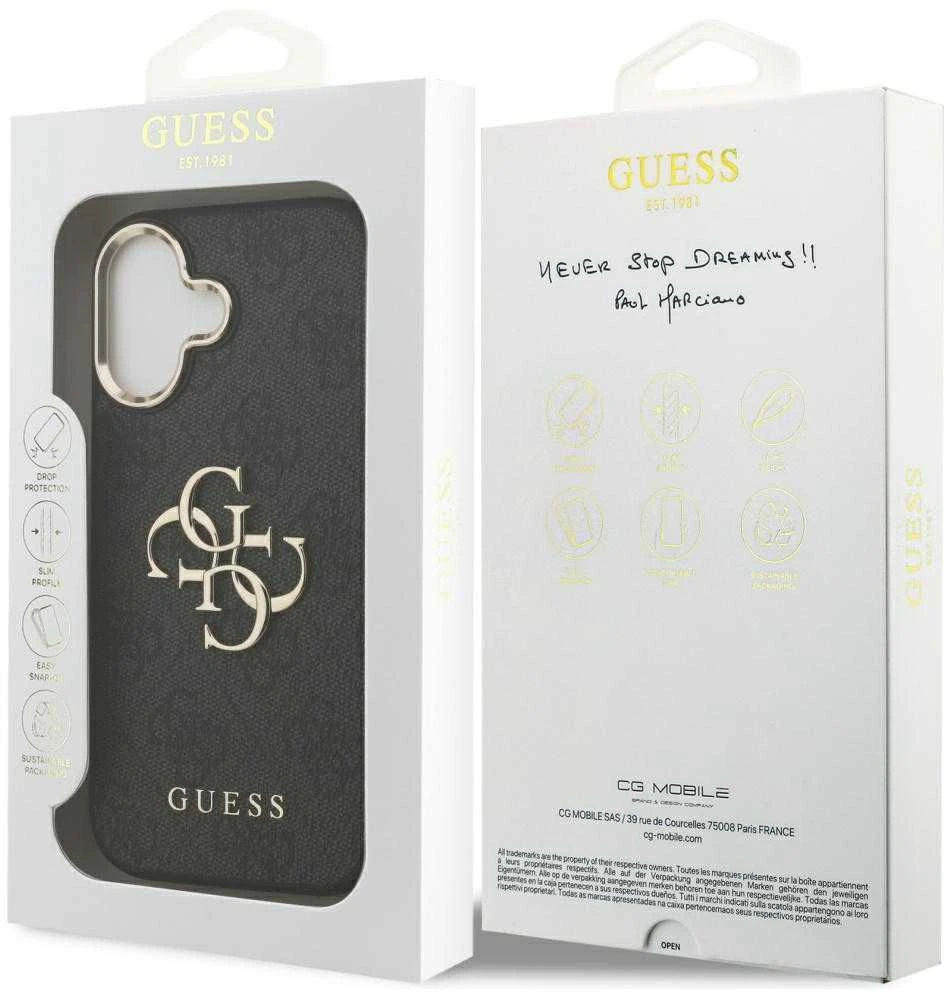 Guess PU Leather 4G Metal Logo Gold Frame dėklas skirtas Apple iPhone 17 juodos spalvos