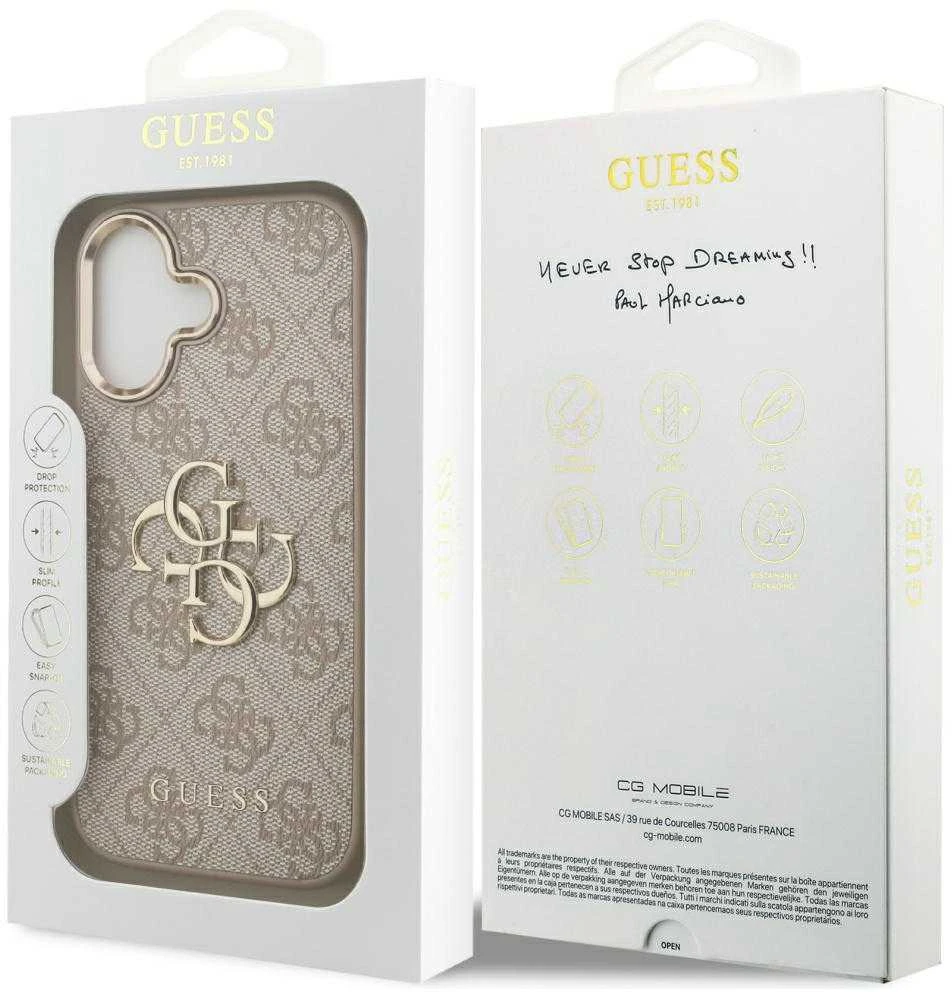 Guess PU Leather 4G Metal Logo Gold Frame dėklas skirtas Apple iPhone 17 rožinės spalvos