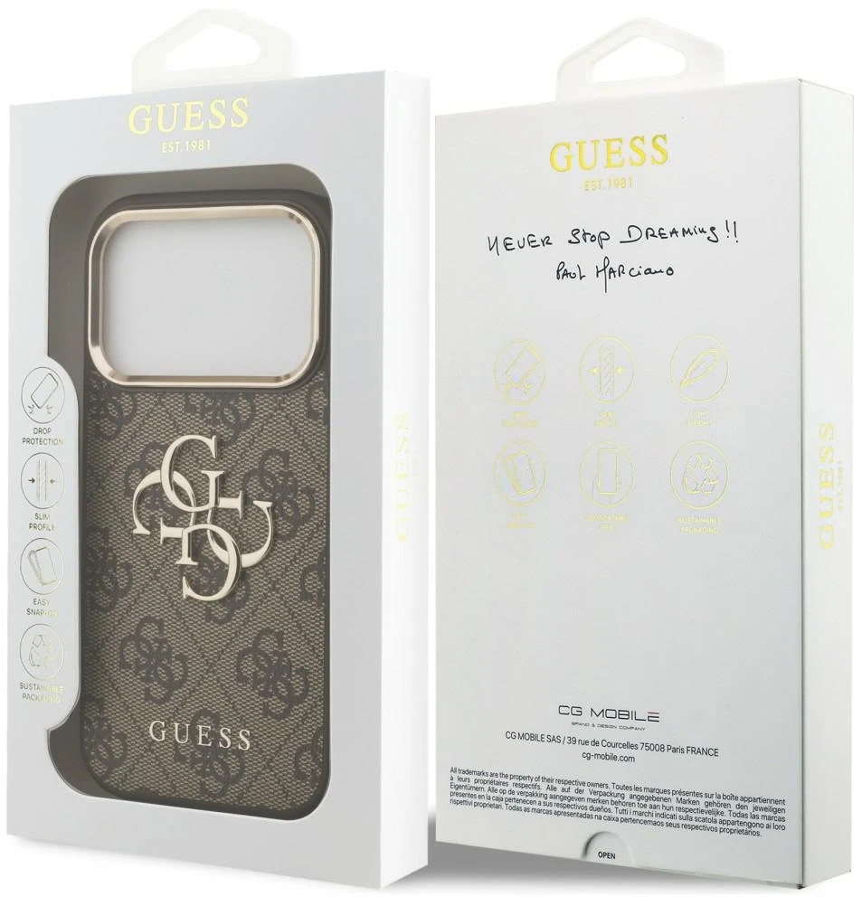 Dėklas Guess 4G Big 4G Classic Logo do iPhone 18 Pro / 17 Pro ruda auksinė