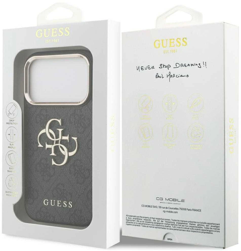 Guess PU Leather 4G Metal Logo Gold Frame dėklas skirtas Apple iPhone 17 Pro juodos spalvos