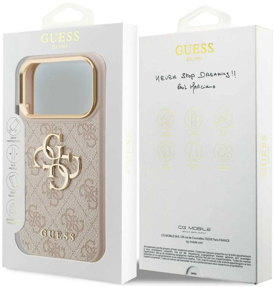 Guess PU Leather 4G Metal Logo Gold Frame dėklas skirtas Apple iPhone 17 Pro rožinės spalvos