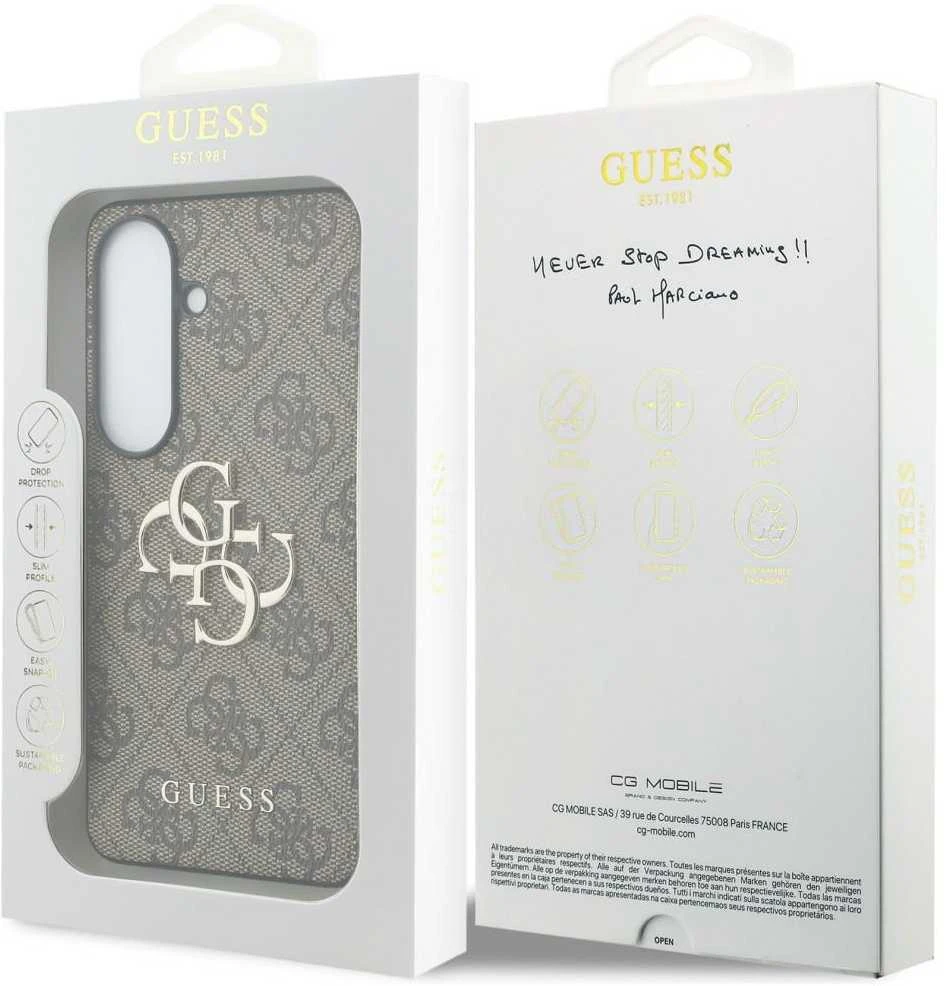 Guess PU 4G Metal Logo dėklas skirtas Samsung Galaxy S26+ rudos spalvos