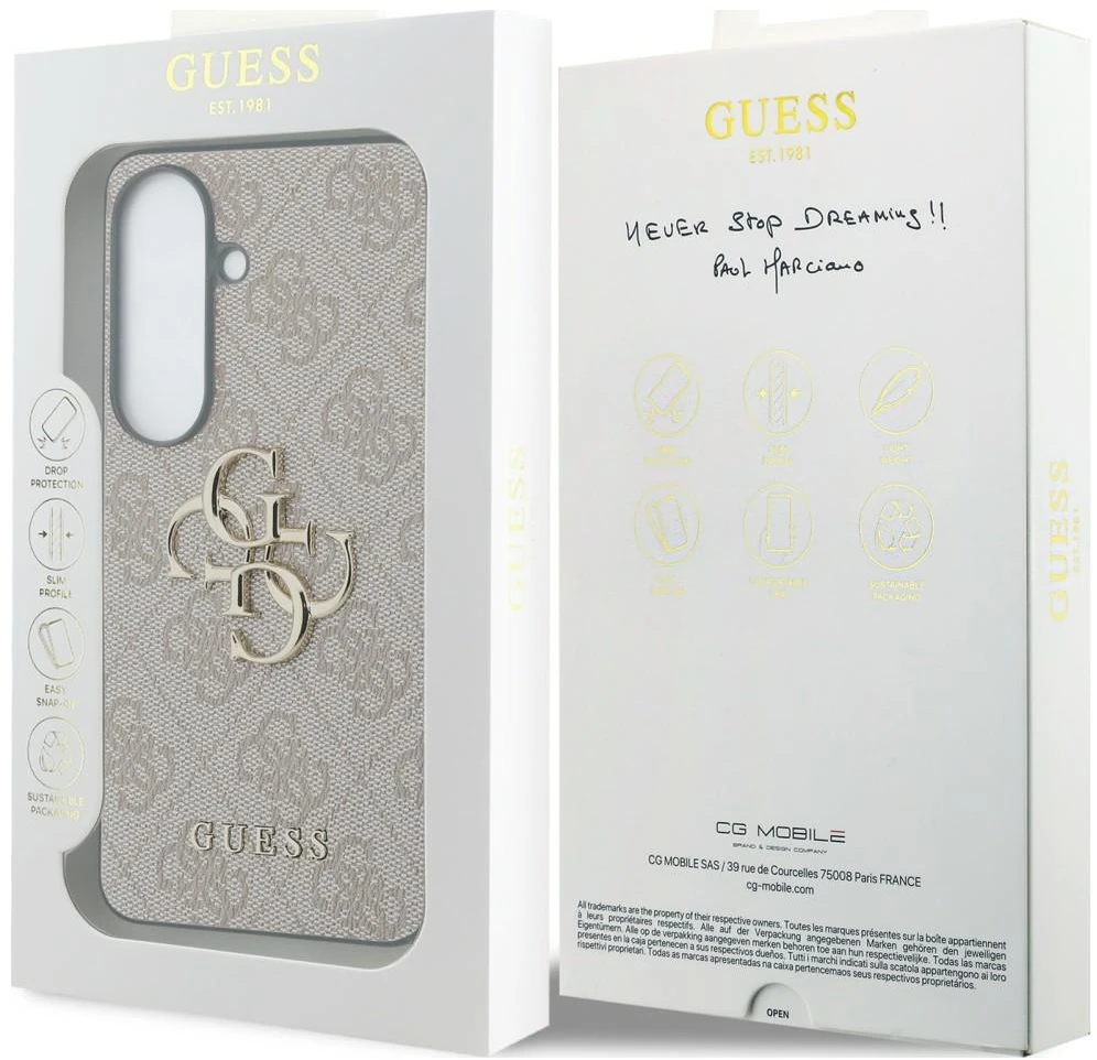 Guess PU 4G Metal Logo dėklas skirtas Samsung Galaxy S26 rožinės spalvos