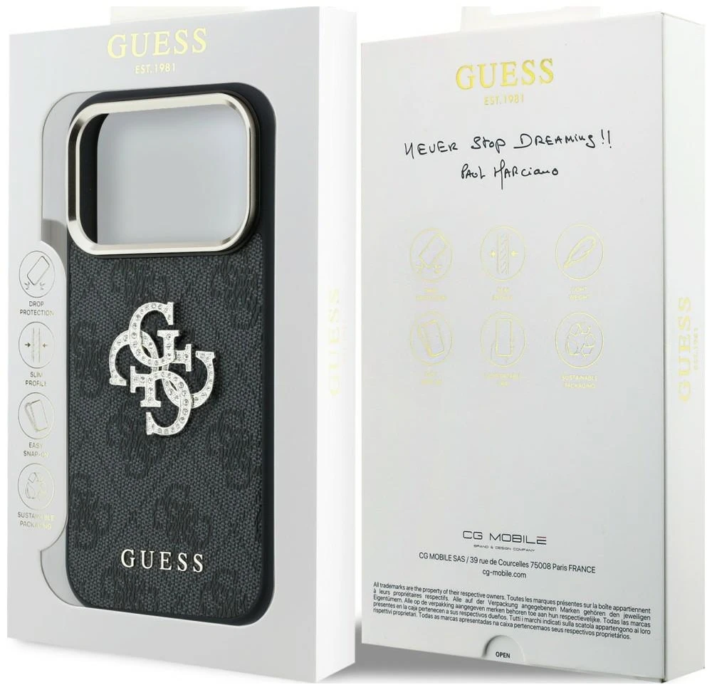 Dėklas Guess 4G & Big Strass Logo do iPhone 18 Pro Max / 17 Pro Max juoda