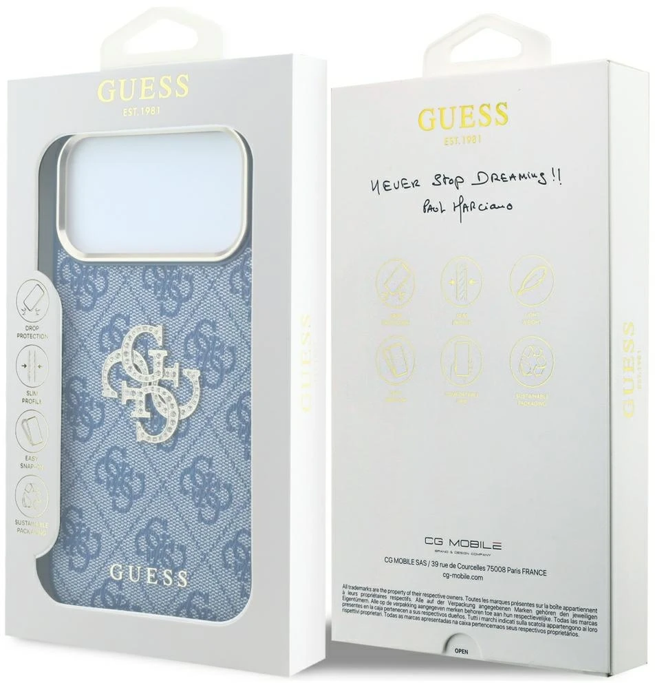 Dėklas Guess 4G & Big Strass Logo do iPhone 18 Pro Max / 17 Pro Max mėlyna