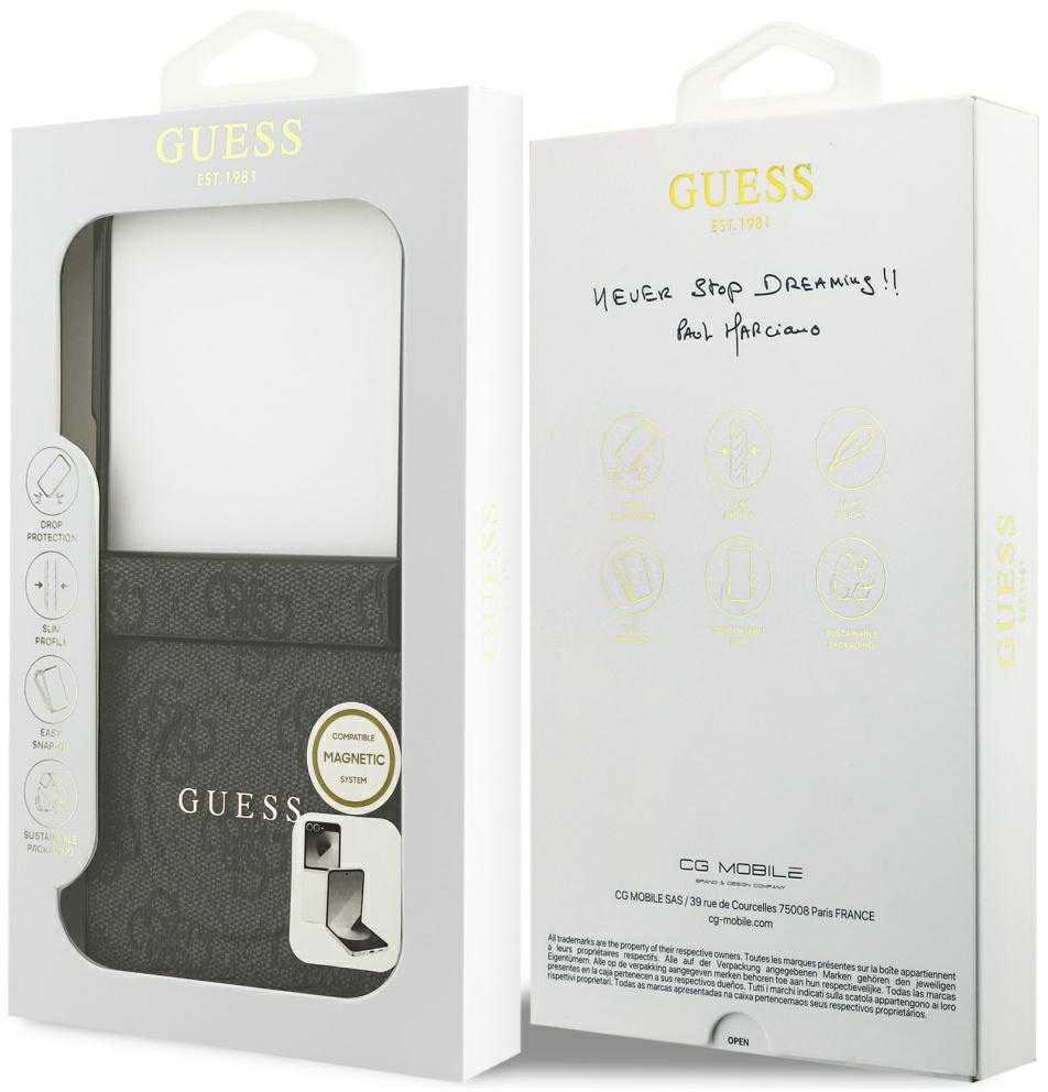 Guess 4G Classic MagSafe dėklas, skirtas Samsung Galaxy Z Flip7, juodos spalvos