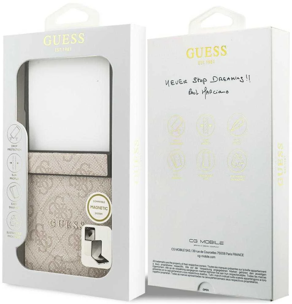 Dėklas Guess 4G Classic MagSafe skirtas Samsung Galaxy Z Flip7 rožinės spalvos