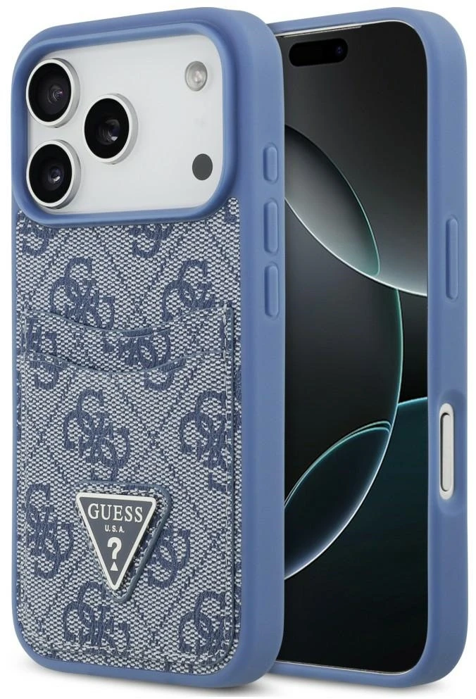 Dėklas Guess 4G Double Card Triangle, skirtas iPhone 18 Pro / 17 Pro, mėlynas