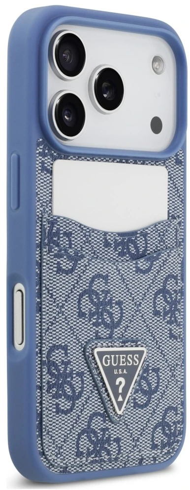 Dėklas Guess 4G Double Card Triangle, skirtas iPhone 18 Pro / 17 Pro, mėlynas