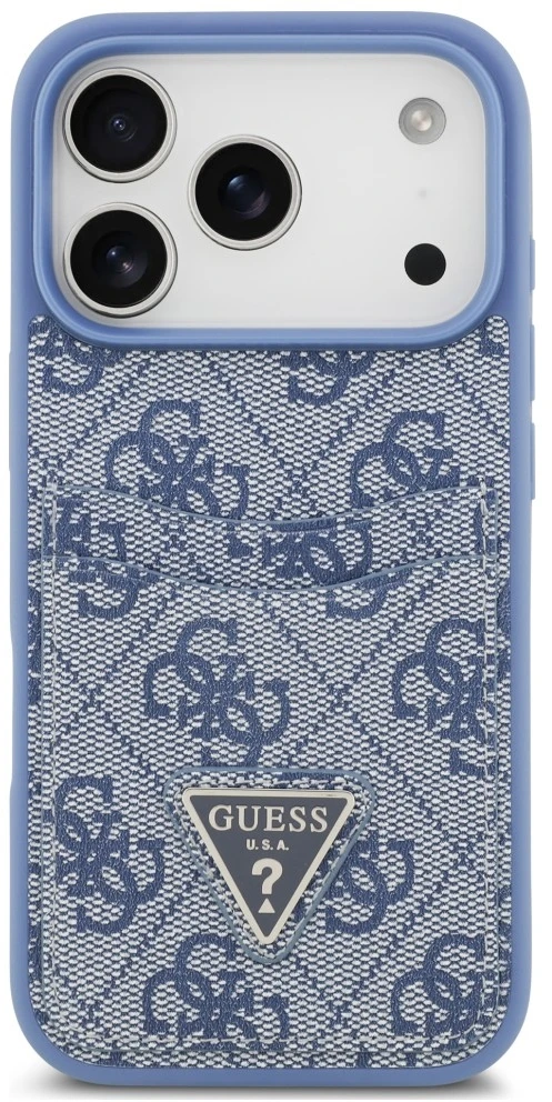 Dėklas Guess 4G Double Card Triangle, skirtas iPhone 18 Pro / 17 Pro, mėlynas