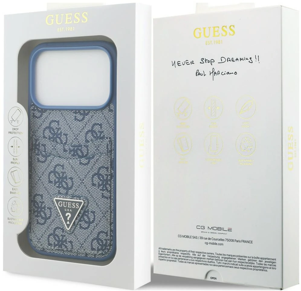 Dėklas Guess 4G Double Card Triangle, skirtas iPhone 18 Pro / 17 Pro, mėlynas